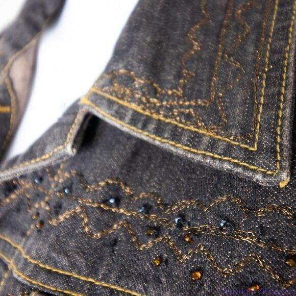 Laura Ashley brown beaded embroidered button up jean jacket, size M - Picture 9 of 16